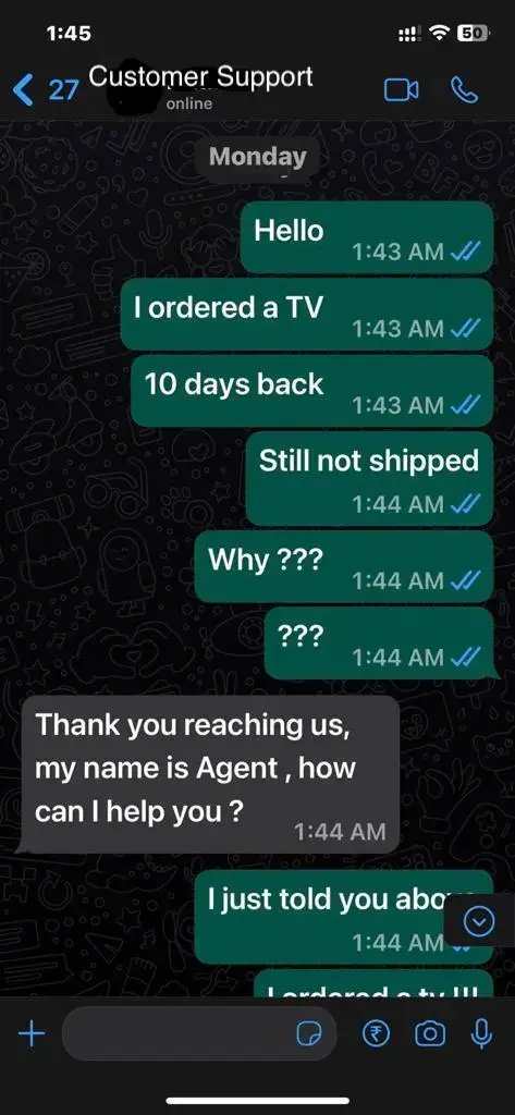 An impatient customer sends their request in parts. Thus, human like intelligence is important to understand a customer request for offering a good customer service experience.